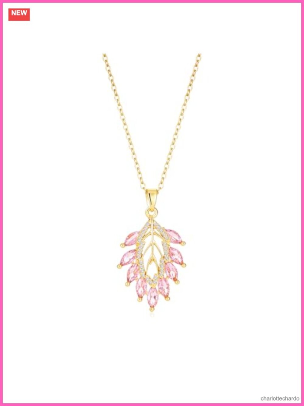 18K Gold Plated Rose Quartz Leaf Pendant Necklace 19.5 Inch Chain